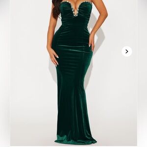Emerald green velvet floor length gown with rhinestone detail